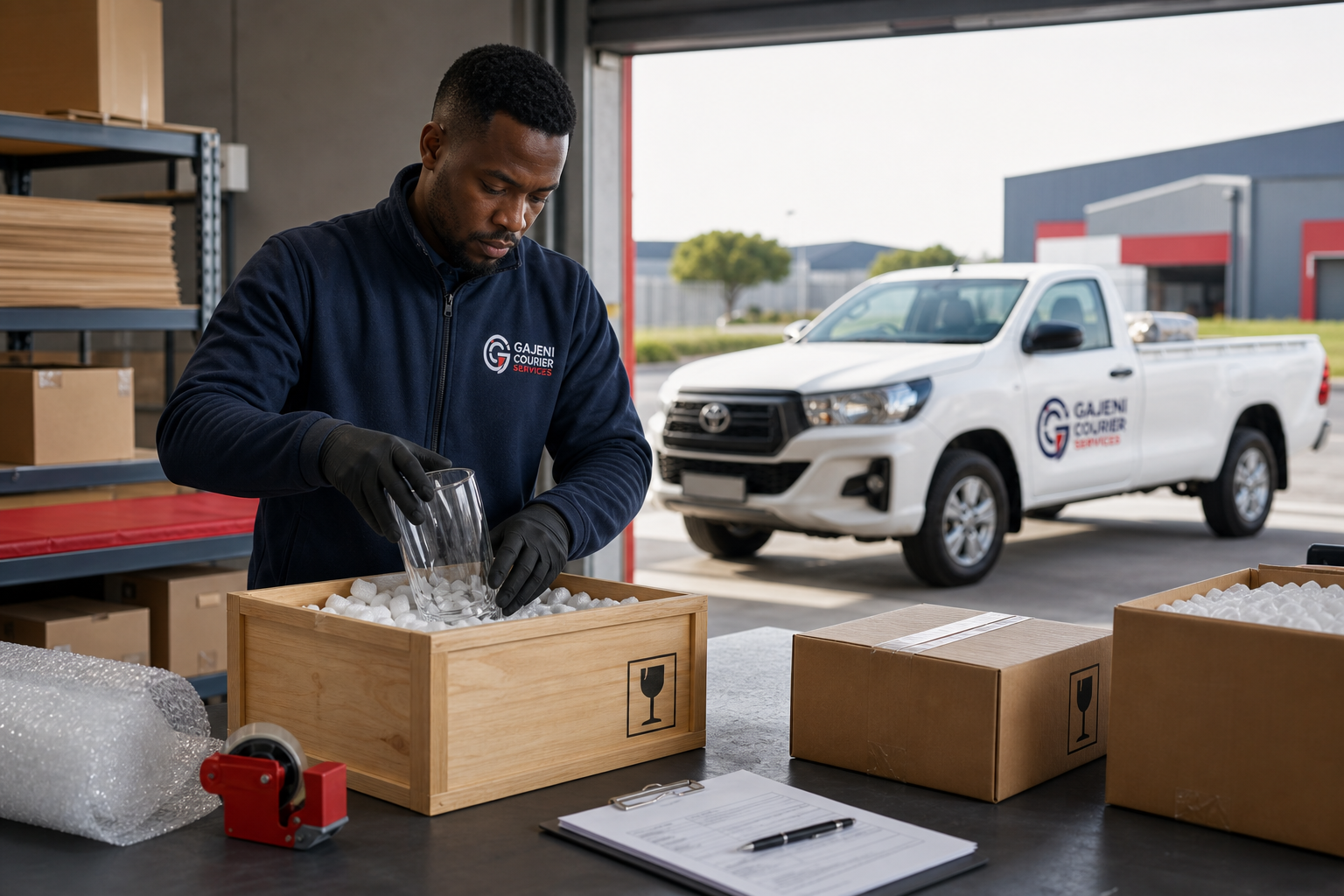 Courier carefully packing a fragile glass parcel with the Gajeni bakkie behind him